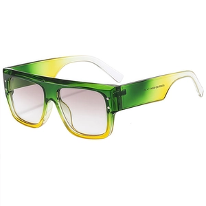 Fashion square flat top sunglasses with green-yellow gradient frames and purple lenses