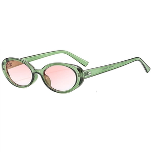 Oval green frame sunglasses with pink gradient lenses and vintage style design