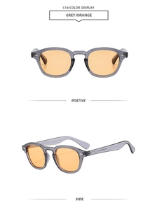 Close-up of grey transparent frame sunglasses with orange lenses and metal rivet details