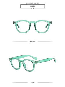 Front and side view of emerald green retro round frame sunglasses with clear texture