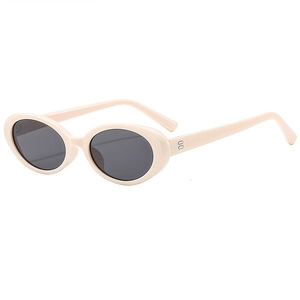 Retro oval beige sunglasses with dark grey lenses and stud hinge detail on white background