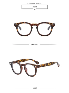 Front and side views of demi pattern round frame sunglasses with silver rivets detail