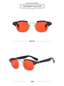 Front and side view of retro round sunglasses with transparent black frames and red lenses