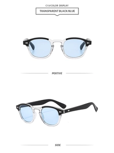 Detail view of vintage round sunglasses with transparent black frame and blue lenses
