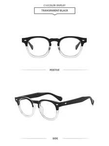 Front and side view of round frame retro sunglasses in transparent black C13 model