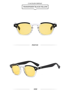 Detail view of C14 retro round sunglasses with transparent black frames and yellow lenses