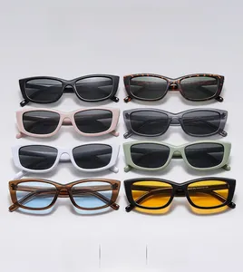 Flat lay of vintage square sunglasses in eight colors with wide temple design
