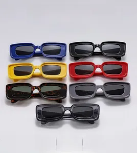 Collection of retro wide-frame rectangular sunglasses in seven vibrant diverse colors