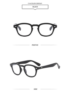 Front and side view of black retro round sunglasses with silver diamond rivets
