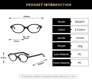 Detailed size chart for retro oval frame glasses showing dimensions and weight metrics