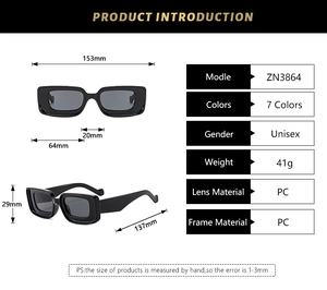Detailed size chart for square frame sunglasses with model ZN3864 and PC material specs