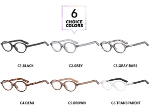 Collage of retro oval glasses in six colors including black, grey, demi, and brown