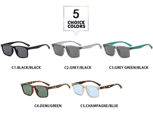 Detailed flat lay of square sunglasses in five colors including black and tortoiseshell