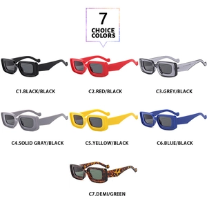 Collage of seven vintage rectangular sunglasses in various colors with thick frames