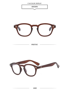 Front and side views of brown retro round sunglasses with metal rivet details