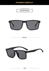 Front and side view of classic square black sunglasses with UV protection lenses