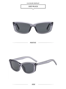 Detail view of square grey frames with grey lenses and interior temple model coding