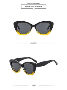 Detailansicht der Cat-Eye-Sonnenbrille mit schwarz-gelbem Rahmen und dunkelgrauen Gläsern