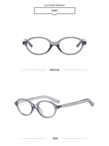 Detail view of transparent grey oval eyeglass frames showing hinges and nose pads