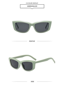 Detail view of mint green retro square sunglasses with dark lenses from front and side angles