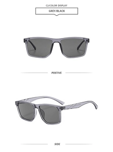Detailed views of grey translucent square frame sunglasses with black polarized lenses