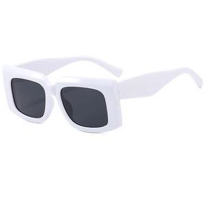 Retro rectangle sunglasses featuring thick white frames and dark grey lenses for fashion