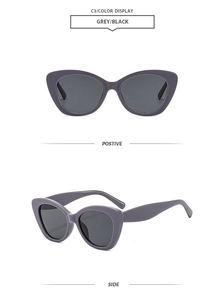 Nahaufnahme der grau-schwarzen Cat-Eye-Sonnenbrille mit dickem Rahmen aus zwei Winkeln