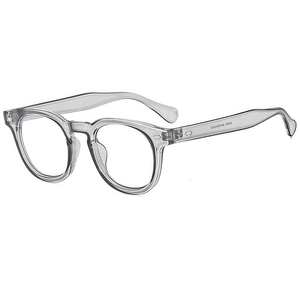 Retro transparent round glasses frames with silver rivet accents on a white background