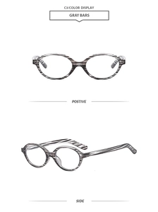 Close-up of retro oval glasses frames featuring unique gray zebra stripe texture