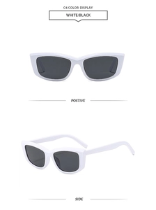 Detail view of white square frame sunglasses with black lenses from front and side angles