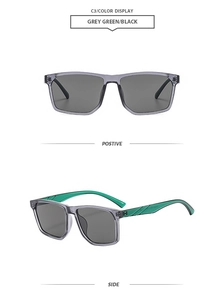 Detail view of square grey frame sunglasses with contrasting green inner temples
