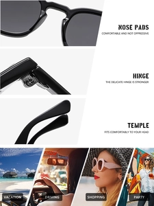 Detail view of reinforced hinges, nose pads, and lifestyle scenes for vintage round sunglasses