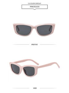 Detailed front and side views of pink square frame sunglasses with grey lenses