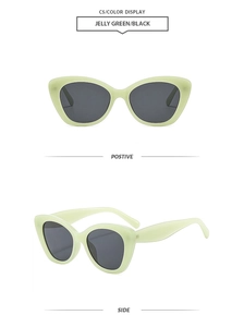 Vorder- und Seitenansicht der gelbgrünen Cateye-Sonnenbrille mit schwarzen Gläsern