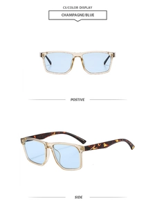 Detail view of champagne transparent sunglasses with blue lenses and tortoiseshell temples
