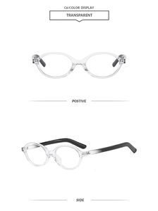 Detail view of transparent oval glasses frames with black temples and sleek C6 finish