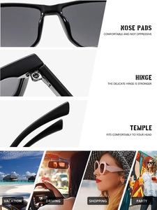 Detail of reinforced metal hinges and integrated nose pads on black square sunglasses