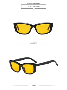 Detailed front and side views of vintage square black sunglasses with orange lenses