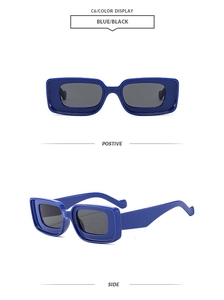 Detail view of rectangular sunglasses in blue and black finish from front and side