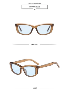 Detailed views of vintage square sunglasses with brown frame and light blue lenses