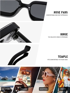 Detail of square sunglasses featuring comfortable nose pads and reinforced metal hinges