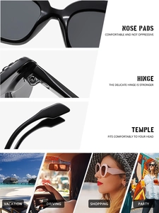 Détails de lunettes de soleil noires avec charnières renforcées et plaquettes de nez stables