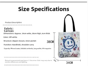 Canvas shoulder bag dimensions 34x38x6 cm with doodle cat print and zip closure