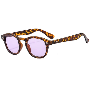 Retro tortoise round sunglasses with purple lenses and silver rivet accents