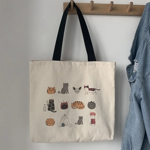 Grand sac cabas en toile de style japonais avec 12 motifs de chats mignons et anses noires