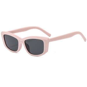 Retro square frame sunglasses in soft pink with dark grey lenses in 45-degree view