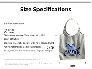 Detail of cream canvas tote bag showing magnetic closure and internal compartments