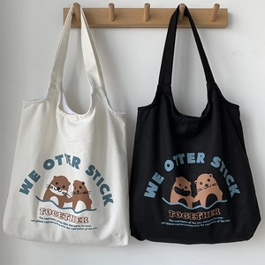 Damen Canvas Tote Schultertasche Cartoon Otter Druck Harajuku Japanischer Stil Große Kapazität Lässige Handtasche