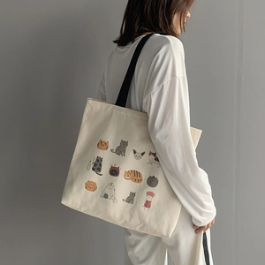 Grand Sac Cabas En Toile Pour Femmes Imprimé Chat Mignon Fermeture Éclair Sac À Épaule Style Japonais Vintage