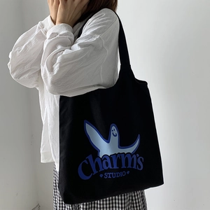 Japanese style black canvas tote bag with blue ghost print for daily casual travel